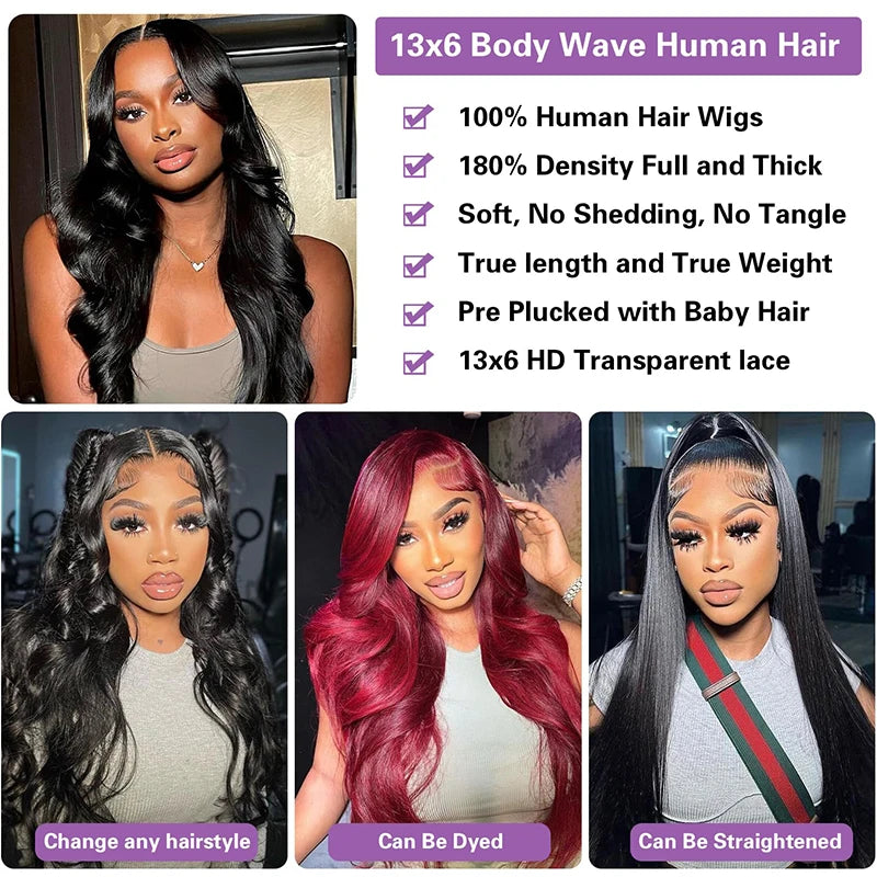 Body Wave 13x6 Lace Front Wigs Human Hair 180% Density 13x4 Lace Frontal Wigs Human Hair for Women Pre Plucked With Baby Hair