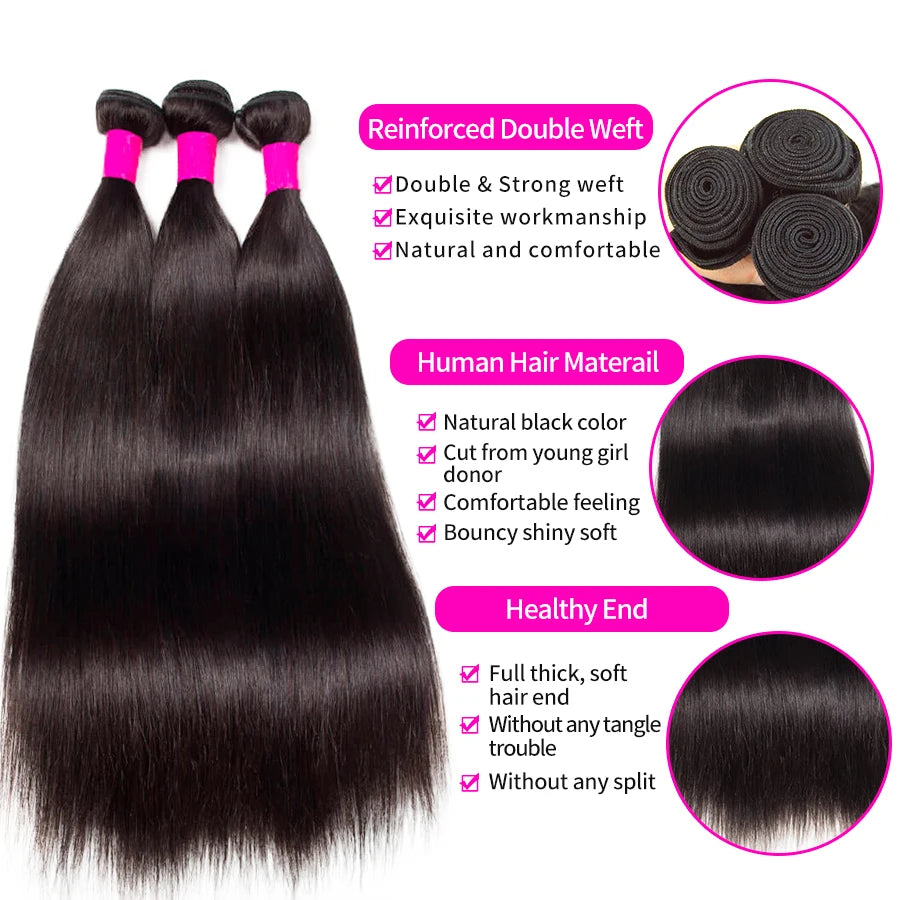 Unprocessed Brazilian Straight Human Hair Bundles Natural Color Raw Remy Hair Weave Extensions for Women